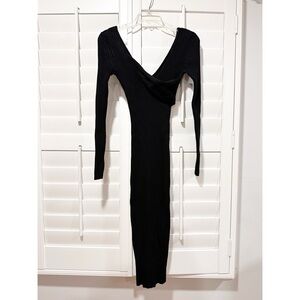 Black Ribbed Knit Off-Shoulder Bodycon Midi Dress Medium Hera Collection